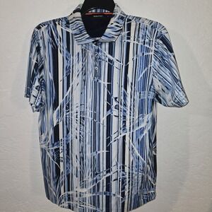 Bugatchi Short Sleeve Polo Shirt Blue Stripes Floral Design X-Large Cotton